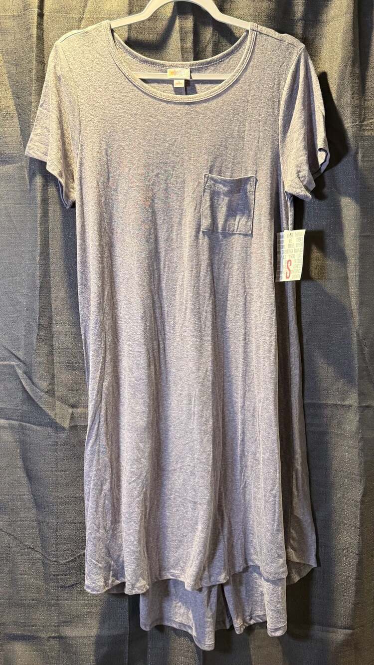 LuLaRoe Carly Swing Dress Heathered Grey Short Sleeve Pocket High Low Hem